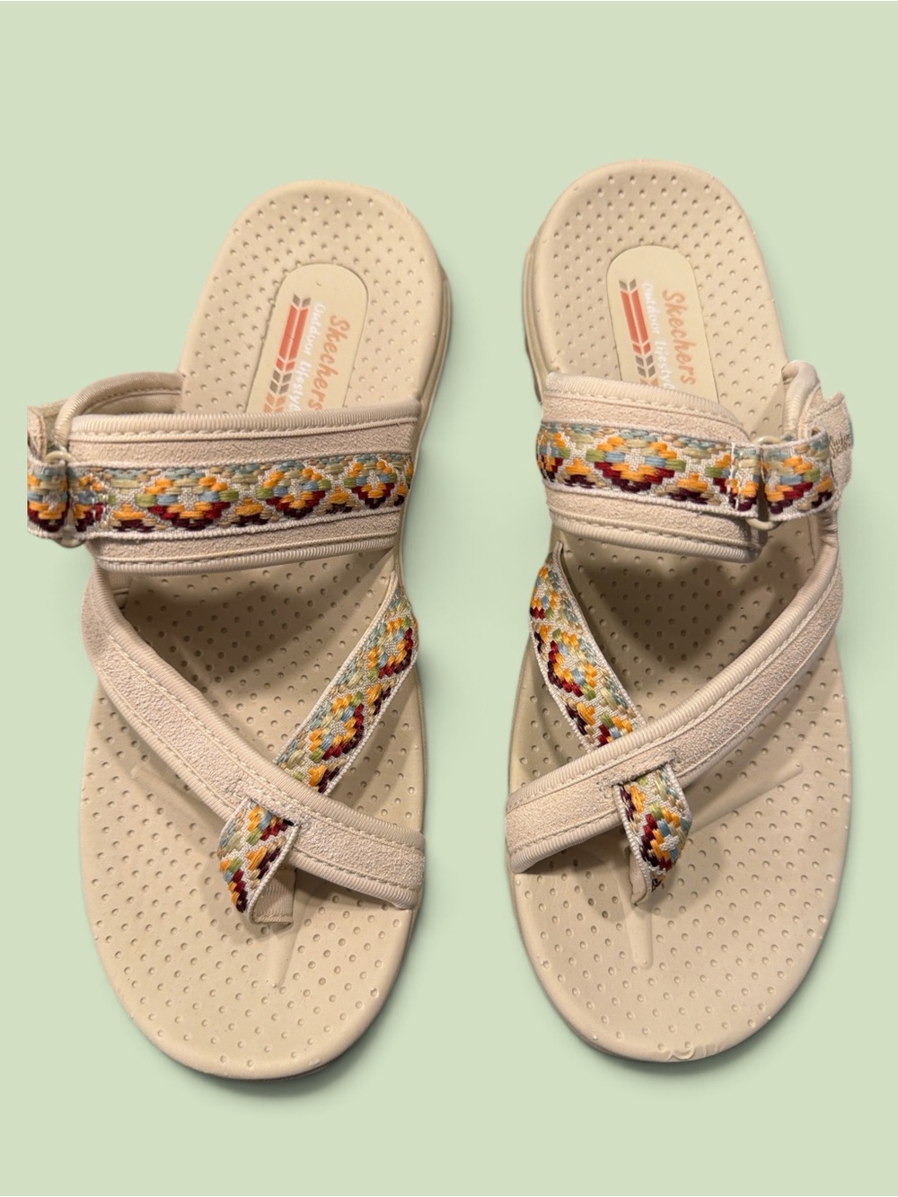 Skechers Cream Sandals with Multicolor Embroidered Straps